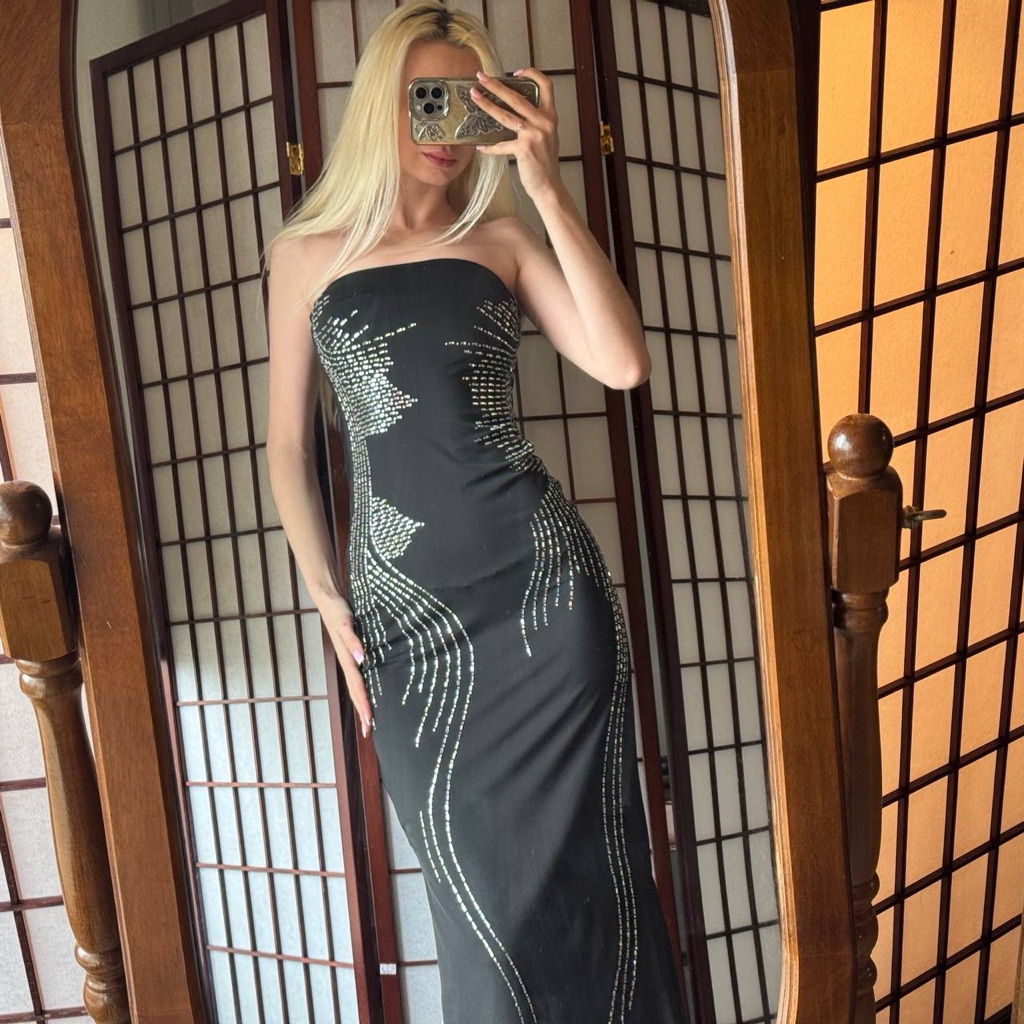 Strapless Black Evening Gown With Silver Beaded Detail